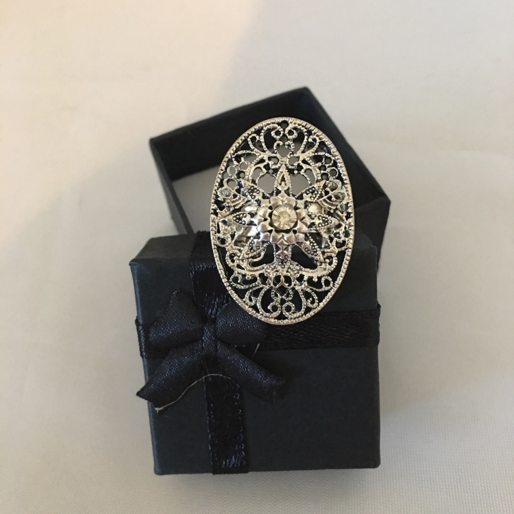 Filigree Silvertone Better Fashion Rhinestone Ring